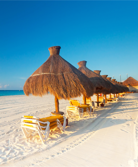 Beach chairs under palapas